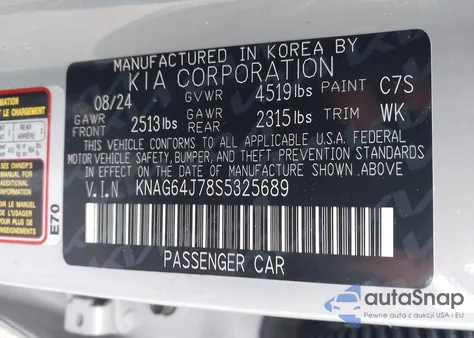 2025 Kia K5 Gt-Line z USA, uszkodzony, nr VIN KNAG64J78S5325689